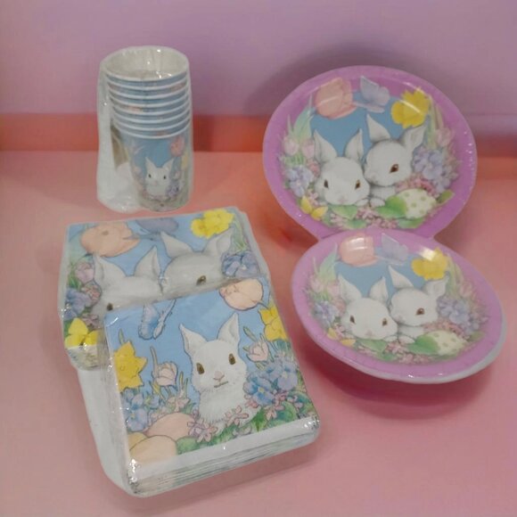 American Greetings Other - American Greetings Paper Goods Plates Napkins Cups WhiteBunny Easter Lot Vintage